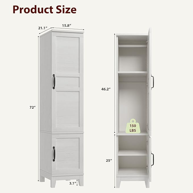 GarveeHome Armoire Wardrobe Closet with 2 Doors,72 in Wooden Wardrobe Cabinet with Hanging Rod, Narrow Tall Clothing Armoire Cabinet with 18 Adjustable Shelves for Bedroom, Clothes, Rustic White