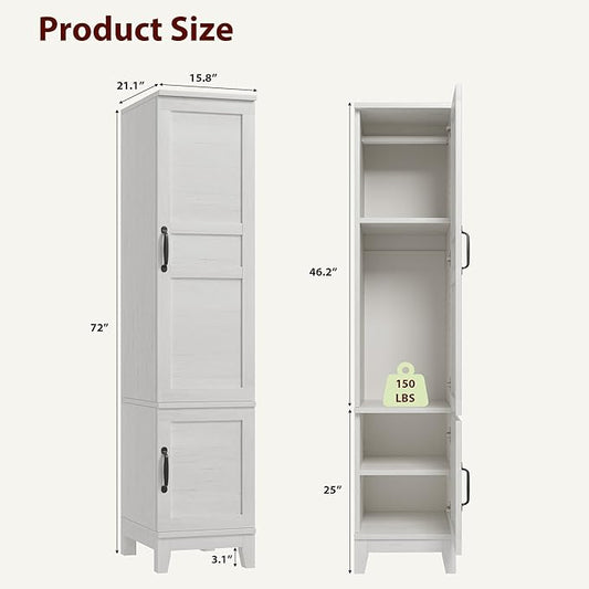 GarveeHome Armoire Wardrobe Closet with 2 Doors,72 in Wooden Wardrobe Cabinet with Hanging Rod, Narrow Tall Clothing Armoire Cabinet with 18 Adjustable Shelves for Bedroom, Clothes, Rustic White