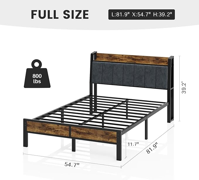 Full Size Bed Frame with Smart LED Light, Wood Storage Charging Station Headboard, Metal Platform Bed, No Box Spring Required, Easy Assembly, Noise Free