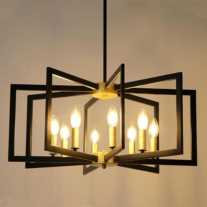26.6'' Black and Gold Chandelier, 8-Light Geometric Modern Chandelier Lighting, Metal Industrial Large Chandeliers for Dining Room Living Room Entryway Foyer Lighting