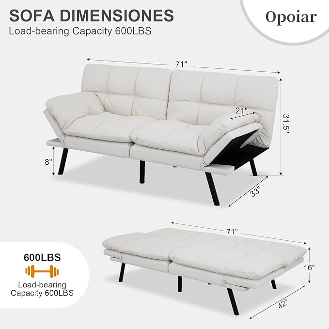 Opoiar Leather White Futon Sofa Bed Convertible Memory Foam Couch Bed Futon Sets Folding Modern Sleeper Sofa Loveseat for Studio,Drom,Apartment,Game Room and Small Space