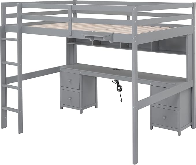 Full Size Loft Bed with Desk, Storage Cabinets, Drawers and Bedside Tray, Multifunctional Full Beds with Plug Outlets & 2 USB Port, Gray