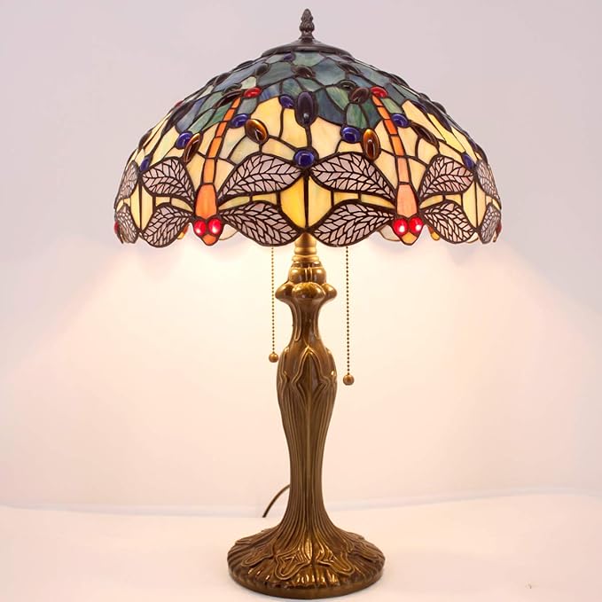 WERFACTORY Tiffany Lamp Stained Glass Bedside Table Lamp Navy Blue Yellow Turquoise Dragonfly 16X16X24 Inch Desk Light Metal Base Decor Bedroom Living Room Home Office S128 Series