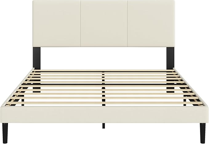 Queen Size Bed Frame with Upholstered Headboard, Sturdy Wood Slats, No Box Spring Required, Silent, Easy Assembly, Beige