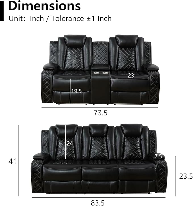 Power Leather Recliner Sofa Set with LED Light,Reclining Sofa and Loveseat,Leather Couch Set for 3 Seats Couch with Coffee Table/Loveseat with Storage Console 2 PCS for Living Room(Black,3+2)