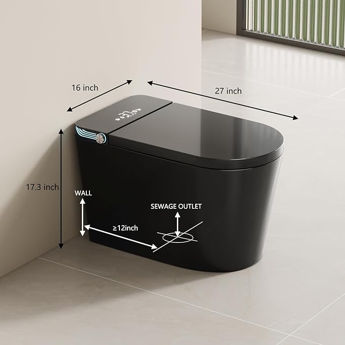 Black Smart Toilet with Auto Open/Close Lid, Modern Intelligent Tankless One Piece Toilet with Bidet Built In, Warm Water, Warm Air Drying, Self-Cleaning Heated Seat Toilet with Remote Control.