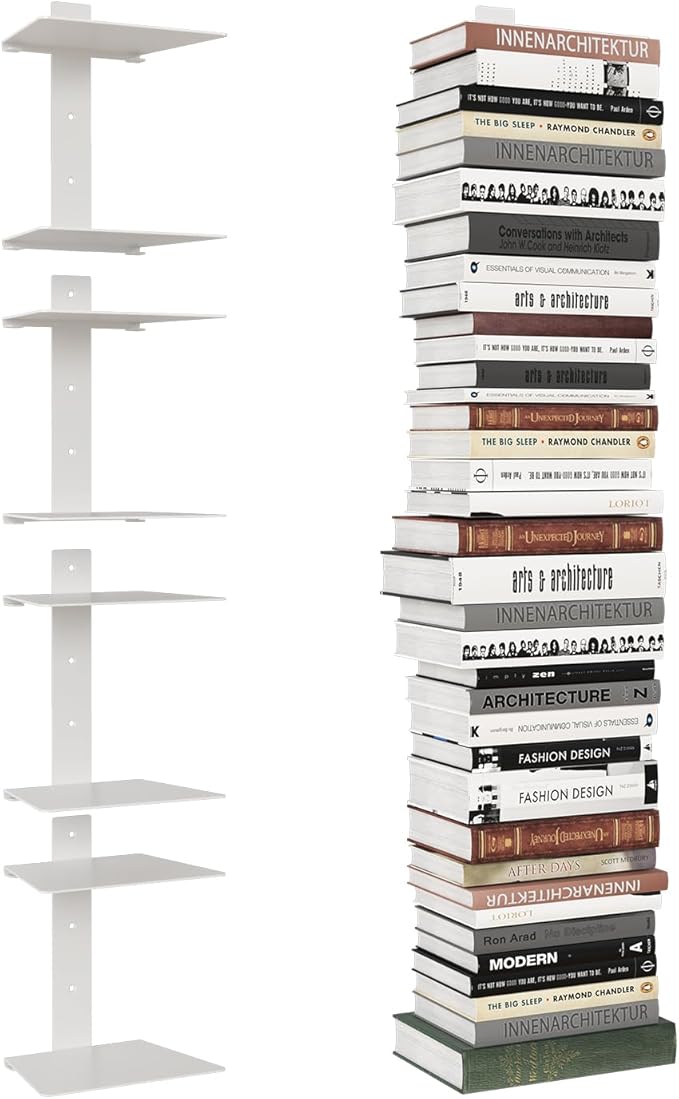 Invisible Bookshelf for Wall, 8 Tier Floating Bookshelf Made of Heavy Duty Metal, Vertical Spine Book Tower Hanging Wall Bookshelf, Floating Book Shelves for Wall, 4 Pack White