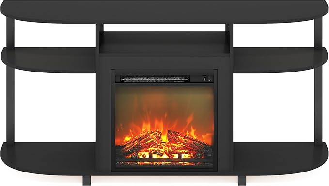 Furinno Jensen Fireplace TV Stand, Curved Entertainment Center, TV Console for TV up to 55 Inch with Fireplace and Open Storage, for Living Room, Bedroom, Americano