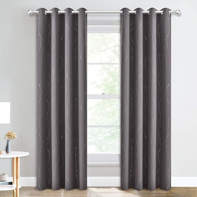 NICETOWN Blackout Curtains for Bedroom, Foil Printed Wave Lines with Dots Energy Saving Thermal Insulated Solid Grommet Blackout Draperies for Patio (1 Pair, 52 inches by 95 Inch, Grey)