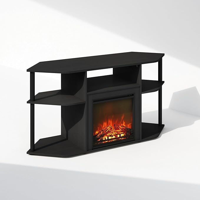 Furinno Jensen Fireplace TV Stand, NO Heat Decorative Electric Fireplace Corner Open Shelf TV Stand for TV up to 55 Inch, for Living Room, Dark Americano