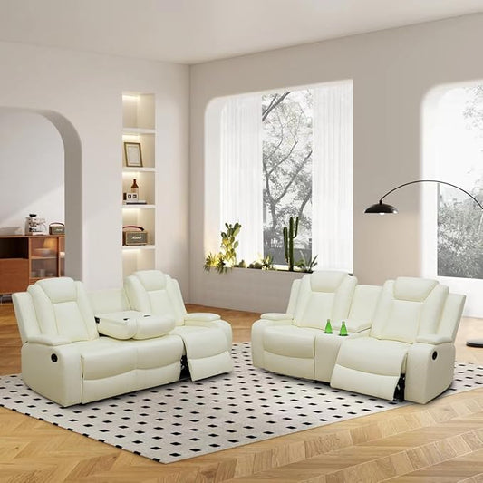 Power Recliner Sofa Set, Air Leather Reclining Couch with LED/Cup Holders/Storage, 2 Pieces Reclining Living Room Furniture, Creamy White Leather Sofa and Loveseat for House/Apartment/Office