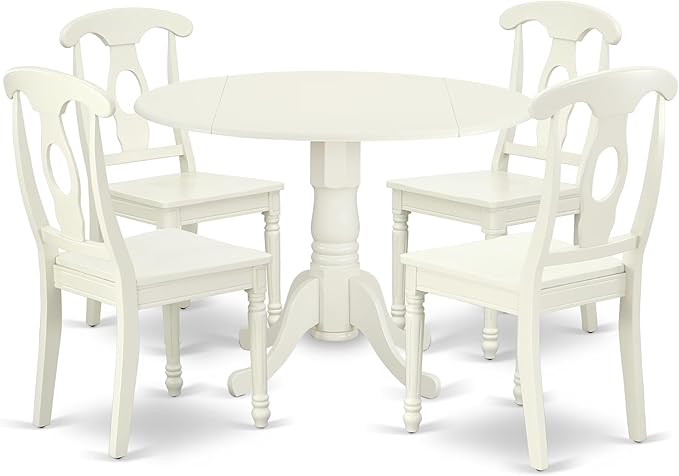East West Furniture DLKE5-LWH-W 5 Piece Dining Room Furniture Set Includes a Round Kitchen Table with Dropleaf and 4 Dining Chairs, 42x42 Inch, Linen White