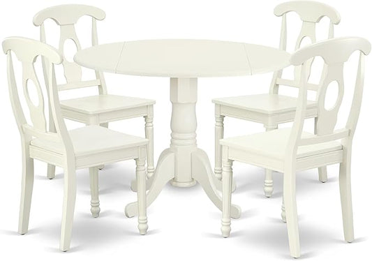 East West Furniture DLKE5-LWH-W 5 Piece Dining Room Furniture Set Includes a Round Kitchen Table with Dropleaf and 4 Dining Chairs, 42x42 Inch, Linen White