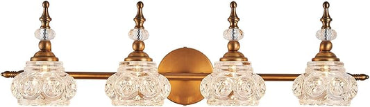 Vintage Vanity Light Fixtures, 4-Light Bathroom Lighting with Crystal Glass Lampshade, Matte Brushed Antique Brass Finish, Vanity Lights for Bathroom Bedroom Hallway