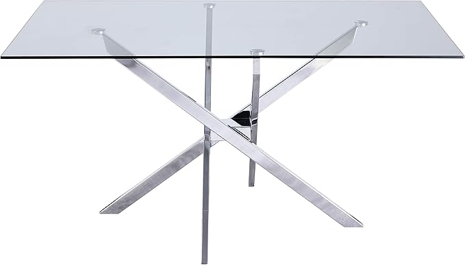 Meridian Furniture Xander Collection Modern | Contemporary Tempered Glass Top Dining Table with Durable Metal Base, 60" W x 36" D x 30" H, Silver Finish
