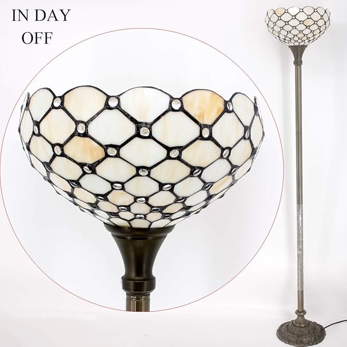 WERFACTORY Tiffany Lamp Shade Replacement 12X10X6 Inch Cream Amber Stained Glass Bead Lampshade Only 1-5/8-Inch Fitter Opening for Arched Floor Lamp, Torchiere Lamp, Pendant Light S005 Series