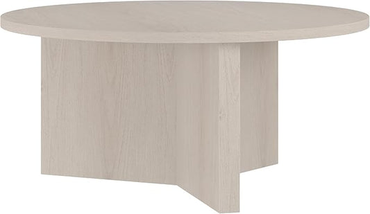 Henn&Hart 36" Round Wood Pedestal Coffee Table for Living Room, Family Room, Office, or Apartment, Beech White