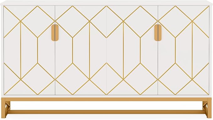 Tribesigns White Gold Storage Cabinet with Door and Adjustable Shelves for Living Room, Modern Floor Cabinets Long Sideboard Buffet Golden Coffee Bar with 4 Doors Metal Frame for Home Office Kitchen