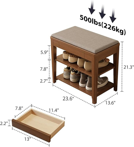 Small Shoe Bench with Storage, Wooden Shoe Storage Bench with Cushion&Hidden Drawer, 2-Tier Shoe Rack Bench for Entryway, Mudroom, Hallway