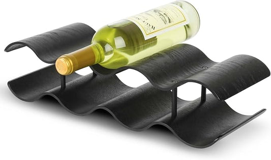 Countertop Wine Rack - 7 Bottle Freestanding Wine Bottle Holder Stand - 2 Tier Wooden Wine Storage Rack - Black Wavy Wine Organizer for Cabinet Pantry Home Kitchen Bar