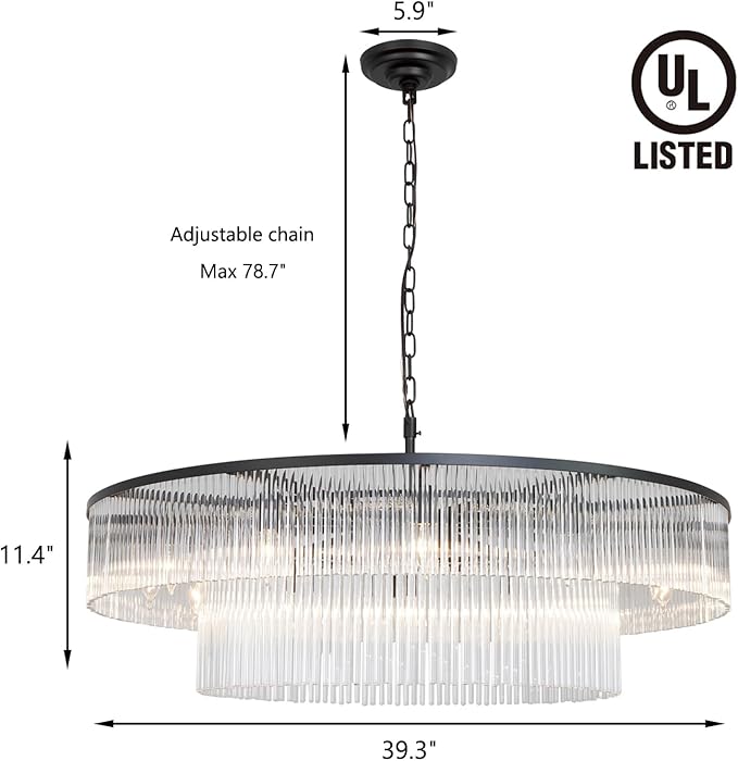 Black Glass Chandelier, Large Modern 2-Tier Glass Rod Chandelier Lighting for High Ceiling Foyer Hall Staircase, 12-Light Round Hanging Ceiling Light Fixture 39"