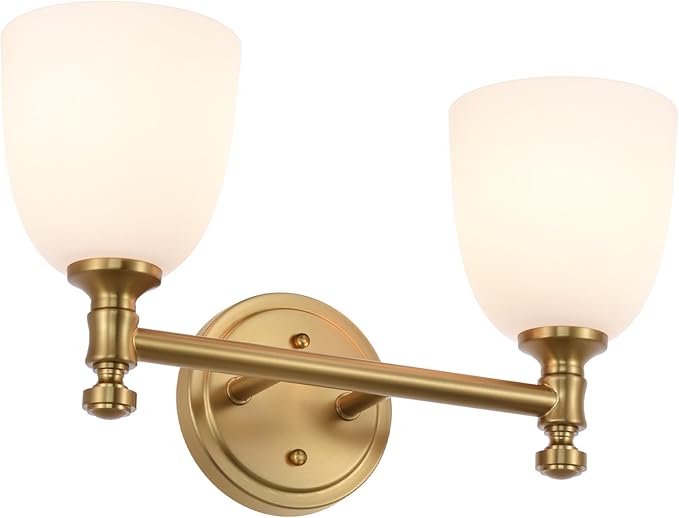 Gold Bathroom Vanity Light Fixtures, 2-Light Bathroom Vanity Light Fixtures Over Mirror, Traditional Vanity Lights for Living Room, Milk White Glass Shades, Standard E26 Base, Aged Brass