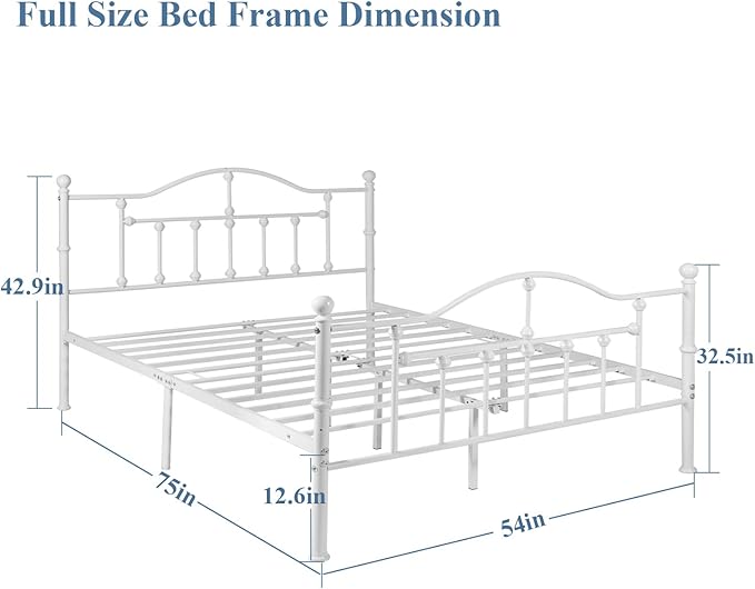 VECELO Full Size Bed Frame, Metal Platform Mattress Foundation/Box Spring Replacement with Headboard Victorian Style, White