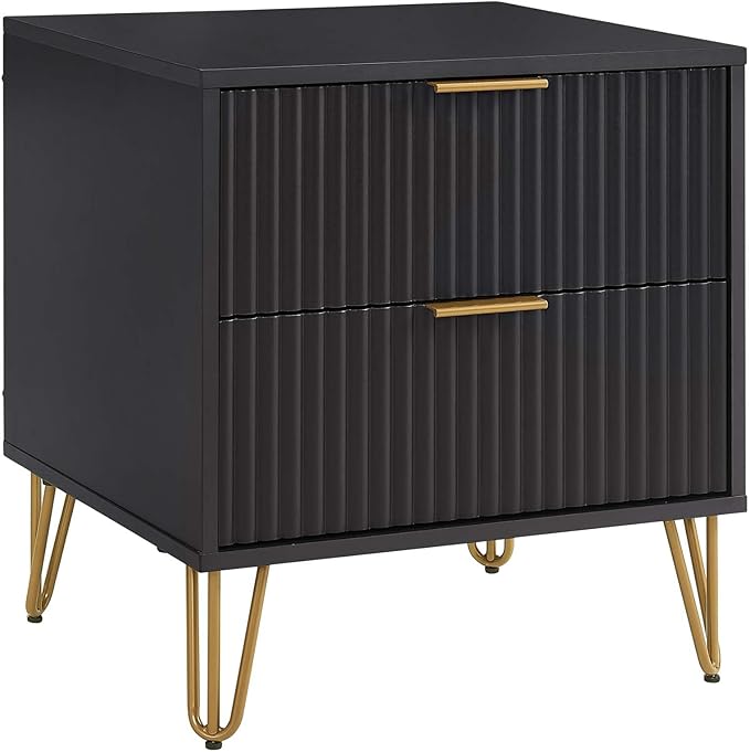 Manhattan Comfort Dumbo Fluted Nightstand with 2 Drawers, Gold Metal Legs and Metal Handles, Snap Tool-Free Assembly, Modern Bedside Accent Table with Storage for Bedroom, Living Room, Office in Black