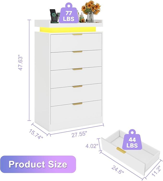 Tall Dresser for Bedroom, White Dresser with LED Lights, Wood 5 Drawer Chest with Power Outlet, Modern Chest of Drawers for Bedroom, Entryway, Hallway