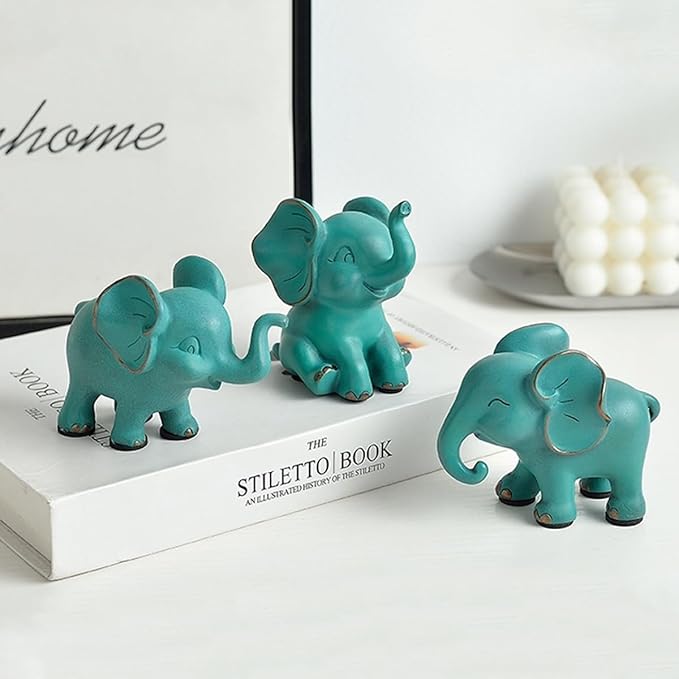 Loving Small Elephant Decor Statues, 3 Pcs Green Cute Elephant Figurines, Elephant Sculpture Decorative Objects for Bookshelf Home Decor
