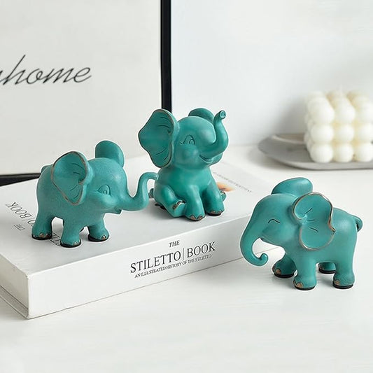 Loving Small Elephant Decor Statues, 3 Pcs Green Cute Elephant Figurines, Elephant Sculpture Decorative Objects for Bookshelf Home Decor