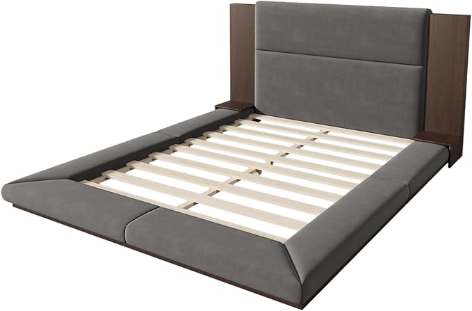 Merax Queen Size Floor Upholstered Platform Bed Frame with Extended Wood Headboard and Bedside Shelf,Easy Assembly,No Box Spring Needed,Gray