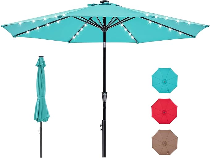 DUMOS 10 FT Outdoor Patio Umbrella with 32 LED Lights UV-Resistant Market Umbrella with Tilt Adjustment & Crank Lift, All-Weather Shade for Backyard, Deck, Garden, Beach - Classic Blue