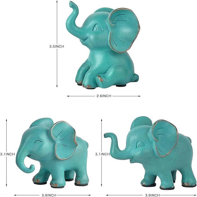 Loving Small Elephant Decor Statues, 3 Pcs Green Cute Elephant Figurines, Elephant Sculpture Decorative Objects for Bookshelf Home Decor
