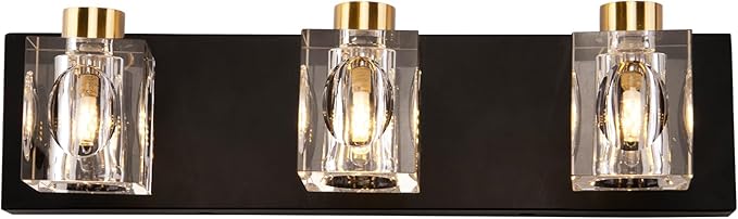 Modern Crystal Vanity Lights,3 Light Bathroom Vanity Light fixtures,Black and Gold Bathroom Lights Over Mirror,Wall Sconces Light for Bathroom,Hallway Bedside Stairway