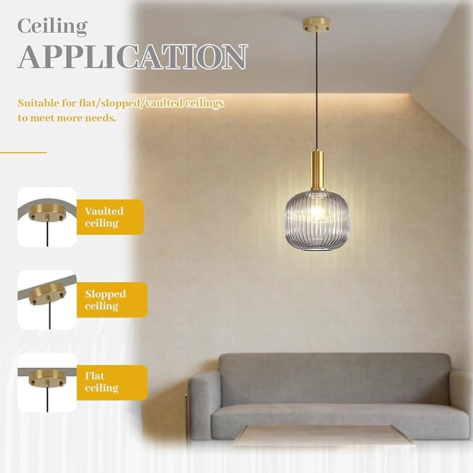 Smoke Gray Glass Pendant Lighting Kitchen Island Vintage Gold Pendant Lamp Mid Century 1-Light Adjustable Pendant Light Fixture Above Kitchen Sink Dining Table Bar Counter