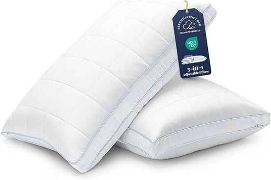 3-in-1 Adjustable Pillows Bed Pillow King Size Set of 2 - Luxury Hotel Collection Pillows for Sleeping, Customizable Firmness & Height Pillow for Back, Stomach or Side Sleepers