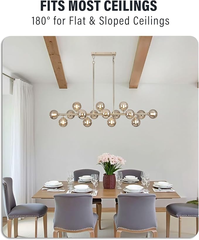 55" Long Chandeliers for Dining Room Kitchen Island, Large Globe Sputnik Linear Chandelier, 16 Lights Mid Century Modern Light Fixture Over Table, Nickel and Smoke Grey Bubble, GC-08