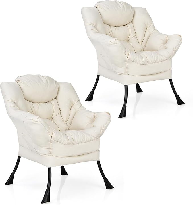 KOMFOTT Modern Accent Chair Set of 2, Soft Upholstered Lazy Sofa with Side Pocket & Armrests, Single Sofa Armchair, Leisure Sofa Chair for Living Room, Bedroom, Beige