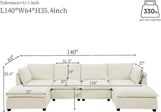Flexible Combination Convertible Modular Sectional Sofa,140" Oversized U Shaped Cloud Couches with 2 Movable Ottomans,6-Seat Chenille Combination Sofa Set for Living Room | Layer Cushions