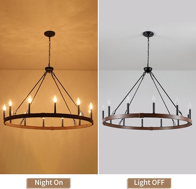 Wagon Wheel Chandelier 37.4 inch, 12-Light Farmhouse Wagon Wheel Chandelier with Dark Wood Grain Finish, Round Industrial Farmhouse Chandeliers for High Ceilings Living Dining Room Foyer Outdoor Porch