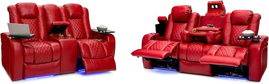Seatcraft Anthem Italian Leather Sofa w/Fold-Down Table & Loveseat w/Storage Console, Living Room, Power Headrest, Power Recline, Red