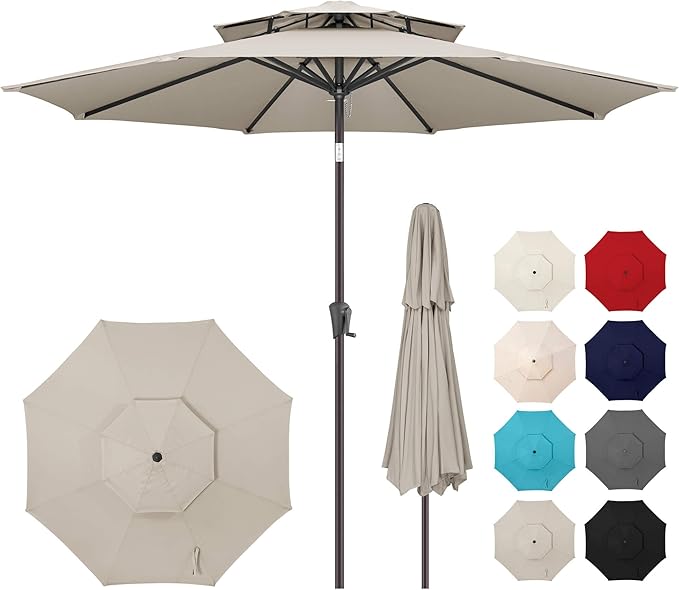 9ft Outdoor Patio Umbrella - 2-Tier Table Umbrella Waterprool UV Protection, Sombrillas de Patio with Push Button Tilt, Sun Umbrella for Pool, Porch, Garden, Backyard (Taupe)
