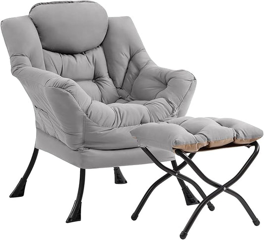 Cozy Lazy Chair and Ottoman, Large Light Grey Contemporary Accent Chair Set, Leisure Upholstered Reading Armchair for Office, Bedroom, Living Room, Dorm Rooms, Balcony