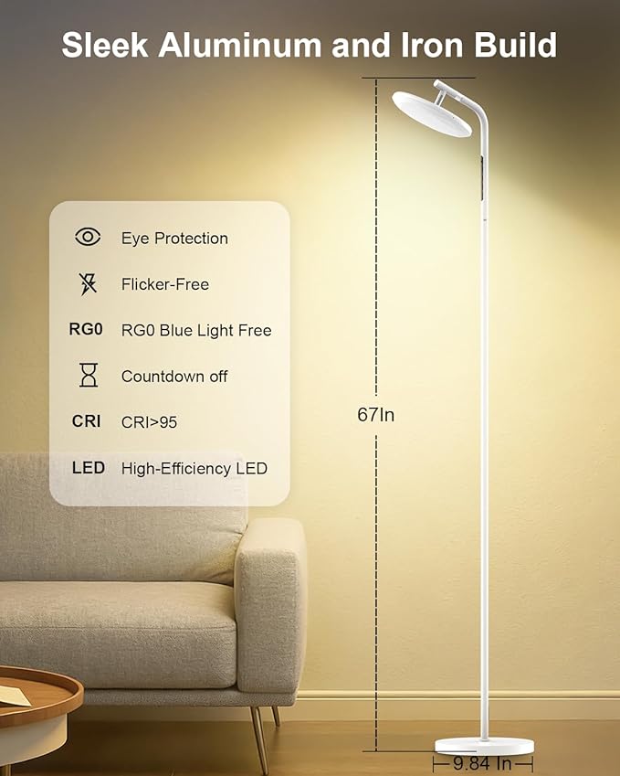 LED Floor Lamp, 32W Super Bright Standing Lamp with Remote Control, Modern Dimmable 69" Torchiere Tall Lamp, 350°Rotating Head Reading Floor Lamp for Living Room, Bedroom, Office, White