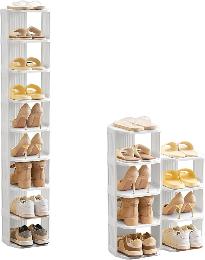 Vertical Shoe Rack, 9-Tier Plastic Stackable Storage Shelf for Small Closets and Narrow Spaces, Compact Free Standing Shoe Racks for Entryway Bedroom Dormitory