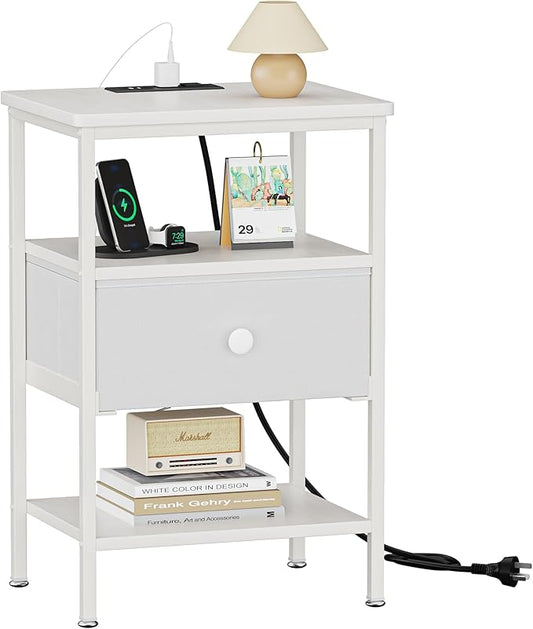 VECELO Bedside Tables with Charging Station,Nightstand with Storage Shelf&Fabric Drawer,End Tables for Bedroom,Living Room,Small Spaces,White