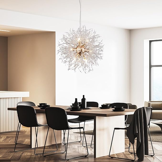 Firework Gold Crystal Chandelier, 9-Light Dandelion Chandelier Lighting for Dining Room, 19.6" Modern Sputnik Pendant Light for Bedroom Kitchen Island