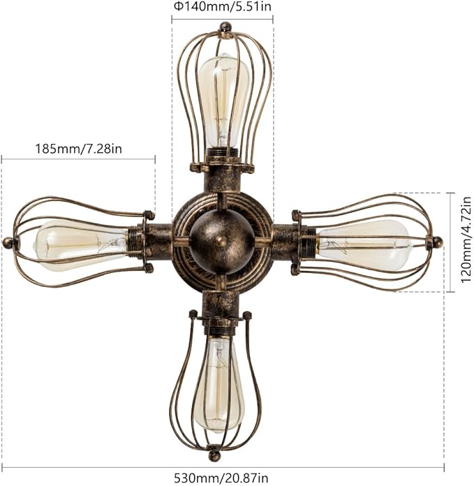 Vintage Ceiling Light Industrial Semi-Flush Mount Ceiling Light Metal Fixtures Painted Finish (with 4 Light) (Bronze)
