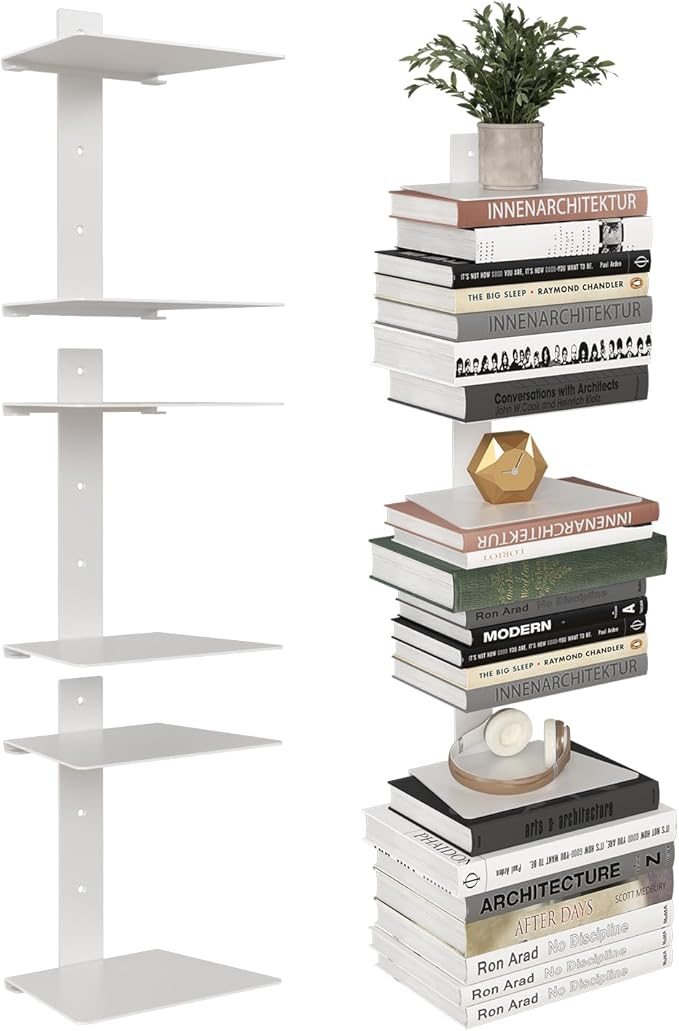 Invisible Bookshelf for Wall, 6 Tier Floating Bookshelf Made of Heavy Duty Metal, Vertical Spine Book Tower Hanging Wall Bookshelf, Floating Book Shelves for Wall, 3 Pack White